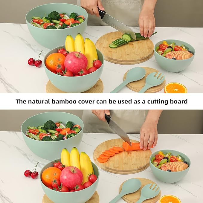 ECOWAY Salad Bowls Set of 3 with Lid & Serving Utensils, Bamboo Fiber Mixing Bowls Set Large Serving Bowls & Storage Set with Bamboo Lid for Salad, Kitchen Eating, Pasta, Popcorn, Chips, Fruit, Cyan