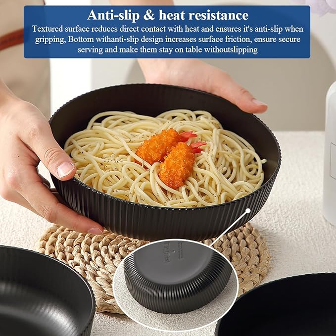 HOMQUEN Pasta Bowls Set of 6, 37oz Salad Bowls Black Soup Bowls, Large Pasta Serving Bowls, Unbreakable Plastic Dinner Bowls, Dinnerware Sets,Valentines Day Gift, Dishwasher Safe (Black)