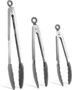 COOK WITH COLOR Stainless Steel Silicone Tipped Kitchen & BBQ Tongs Set, 3 Pc. Tongs, Black