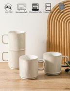 Coffee Mugs Set of 4, Ceramic Ribbed Coffee Mug, Tea Coffee Cups Set with Handle, Porcelain Mug for Americano, Latte, Cappuccino, Hot Chocolate, Glazed White