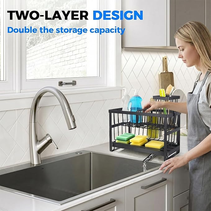2-Tier Sink Sponge Caddy Organizer | Self Drain Sink Caddy with Dish Brush Holder | Non Toxic Kitchen Sink Accessories for Sponges, Brushes & Soap (Black)