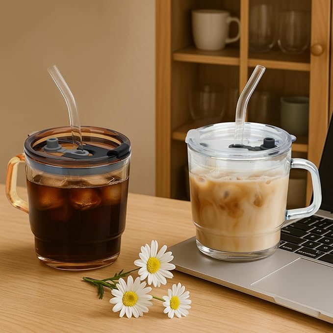 Luxfuel 13oz Tumbler Water Glass Cups with Lid and Straw, 2 Pack Reusable Iced Coffee Cups with Handle, Sealed Carry on for Iced Tea, Coffee, BPA-Free Glass Tumblers for Home, Office, Party, Outdoor
