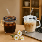 Luxfuel 13oz Tumbler Water Glass Cups with Lid and Straw, 2 Pack Reusable Iced Coffee Cups with Handle, Sealed Carry on for Iced Tea, Coffee, BPA-Free Glass Tumblers for Home, Office, Party, Outdoor
