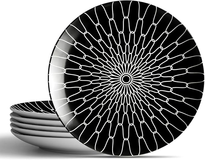8-Inch Salad Plates Set of 6, Black White Grid Pattern Ceramic Plates, Checkerboard Design for Lunch, Pasta & Salad, Microwave & Dishwasher Safe