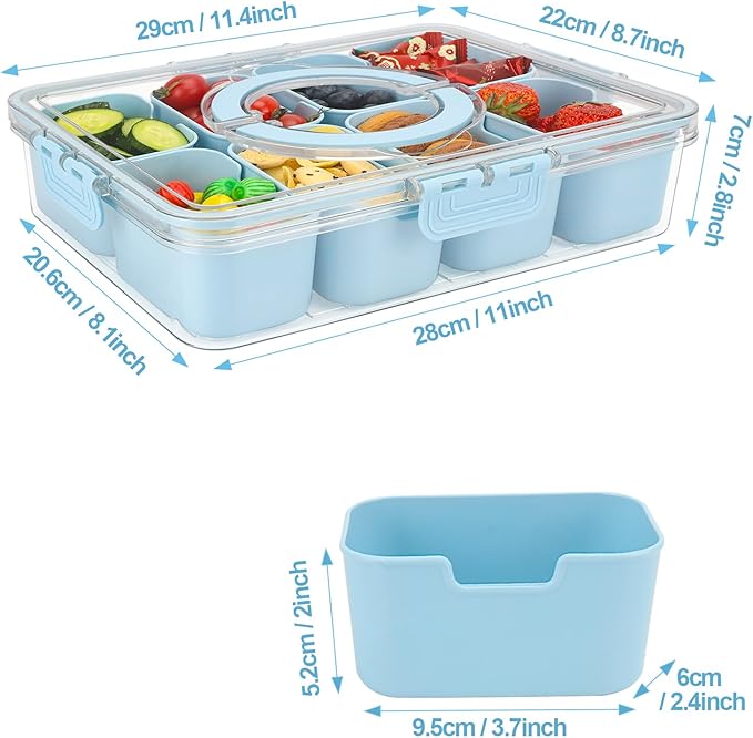 shopwithgreen Divided Serving Tray with Lid and Handle, Portable Snackle Box Charcuterie Container for Party, Veggies, Fruits, Nuts, Candy, Food Tray Platter Snack Box for Entertaining, Picnic, Blue