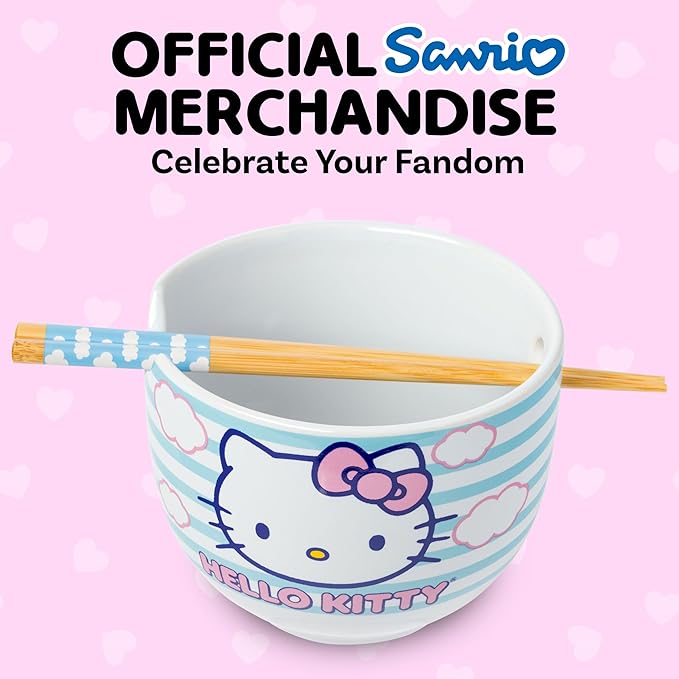 Silver Buffalo Sanrio Hello Kitty Blue and Pink Skies Ceramic Ramen Noodle Rice Bowl with Chopsticks, Microwave Safe, 20 Ounces