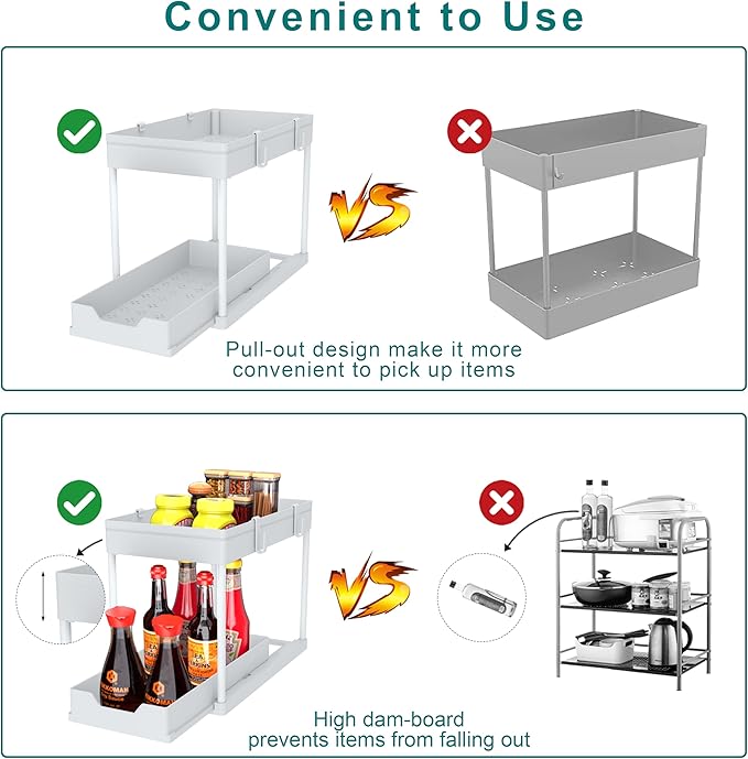 Under Sink Organizer -2 PACK|Pull Out Bathroom Organizer|2 Tier Slide Out Bathroom/Kitchen Organiers and Storage. (2 PACK White)