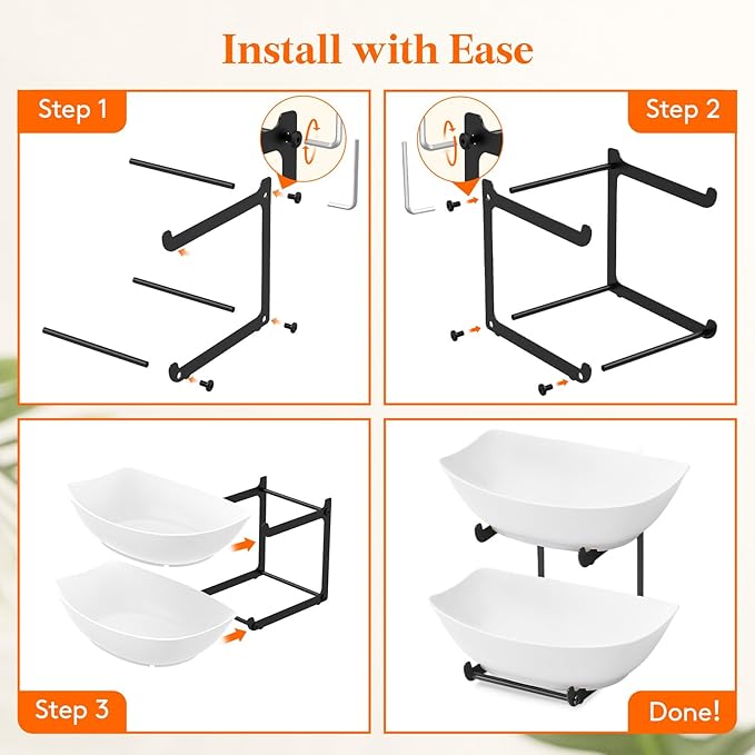 Lifewit Plastic Fruit Bowl for Kitchen Counter, 2 Tier Fruit Basket with Gold Metal Stand, Tiered Fruit Holder for Countertop Serving Tray for Vegetable/Dessert in Party 28 x 21 x 23cm/11 x 8.4 x 9