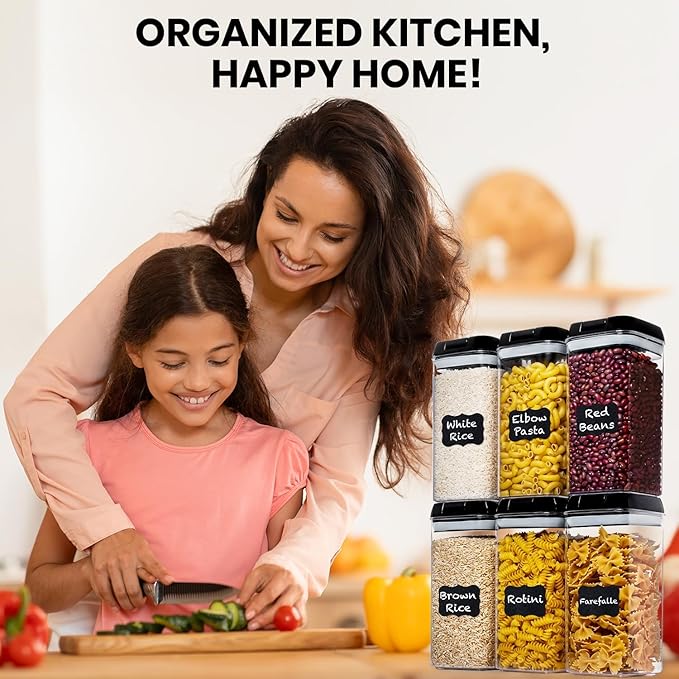 Shazo Airtight Food Storage Containers with Lids - 6 PC BPA Free Clear Plastic Cereal Containers with Easy Lock Lids for Kitchen and Pantry Organization for Snacks and Pasta - 1.2L
