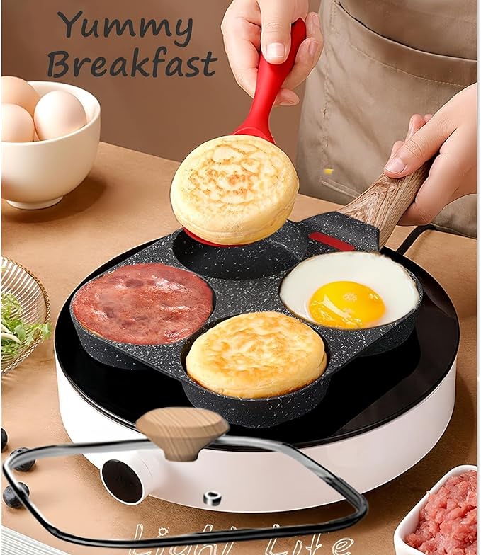 Egg Pan With Lid 4-Cup Nonstick, and Healthy Granite Egg Frying Pan, Versatile Breakfast Skillet for Eggs, Pancakes, Plett, Crepes, Compatible with Gas Stove and Induction Cooktop
