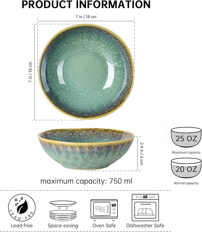 Henten Home Ceramic Soup Bowl Set, 25 oz Cereal Bowls Set of 4, Porcelain Salad Bowls Set, Stoneware Serving Bowls for Kitchen, Microwave& Dishwasher Safe, Reactive Glaze (Green)