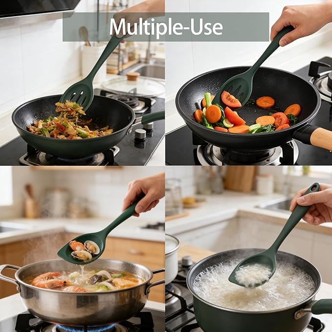 2-Pieces Silicone Cooking Spoon Spatula, Large Serving Spoons for Solid and Slotted, Heat Resistant Non-Stick Silicone Cooking Utensils Set, for Kitchen Mixing, Scooping, and Scraping