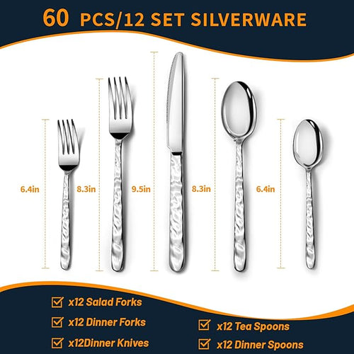 60 Piece Silverware Set for 12, Food-Grade Stainless Steel Utensils Set,Wave Style Design & Mirror Polished - Dishwasher Safe
