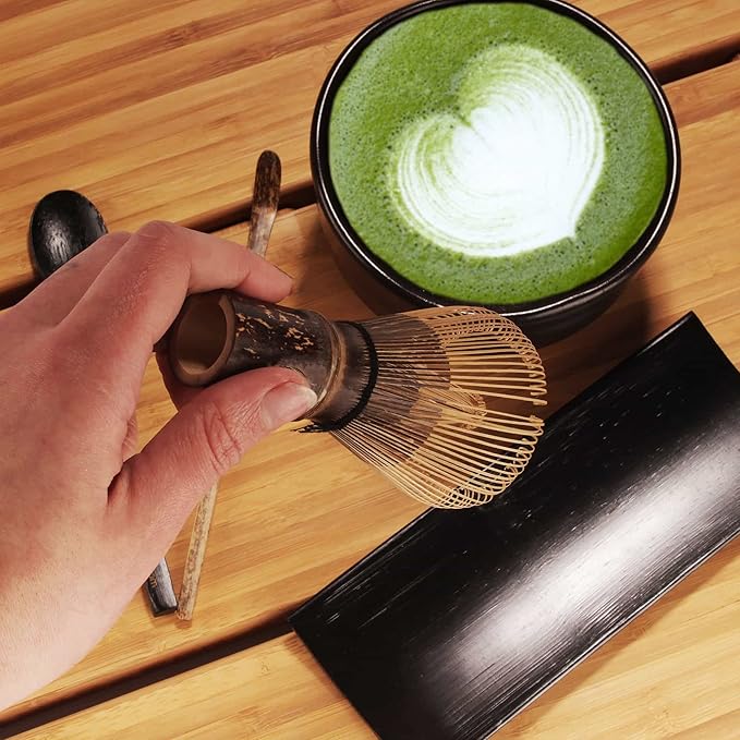 BambooMN Matcha Whisk Set - Chasen (Tea Whisk), Chashaku (Hooked Bamboo Scoop), Tea Spoon - Black
