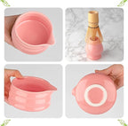 Matcha Whisk Set- Matcha Set includes Matcha Whisk and Bowl with Spout, Sifter, Holder and Scoop- The Perfect Bamboo Whisk for Matcha Tea (Pink)