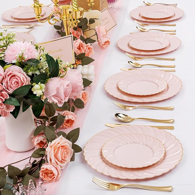 YOUBET 125Pcs Pink Plastic Plates with Gold Rim - Scalloped Plastic Plates Set Includes 25 Dinner, 25 Dessert Plate, 75 Gold Silverware for 25Geusts for Wedding Birthday Baby Shower Mothers Day