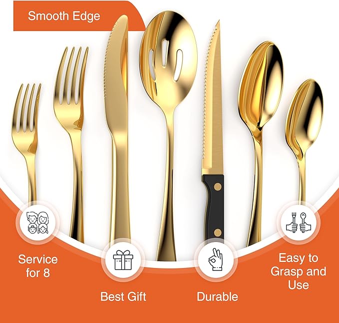 Tribal Cooking 49 Piece Gold Silverware Set - Service for 8 - Stainless Steel Gold Flatware serving set - Cutlery Set - Knives, Fork, and Spoon - Dishwasher Safe - Stunning Polished Finish
