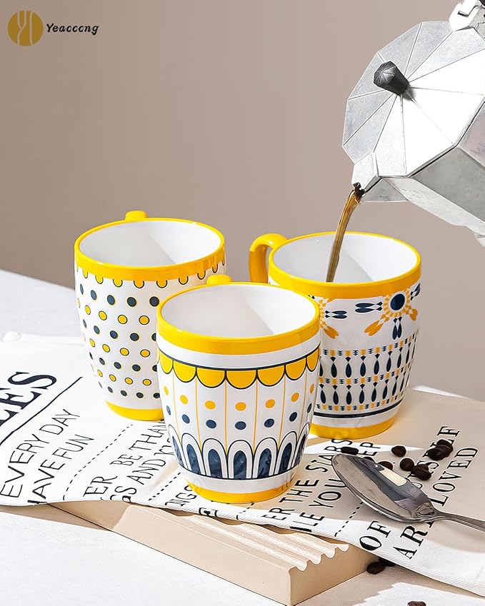 Yeacccng Bohemian Coffee Mugs Set of 6, 15 Oz Ceramic Latte Cappuccino Cups with Yellow Handle, Non-Slip Grip Sturdy Base, Dishwasher Microwave Oven Safe, Scratch-Resistant Boho Tea Mugs