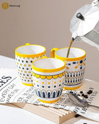 Yeacccng Bohemian Coffee Mugs Set of 6, 15 Oz Ceramic Latte Cappuccino Cups with Yellow Handle, Non-Slip Grip Sturdy Base, Dishwasher Microwave Oven Safe, Scratch-Resistant Boho Tea Mugs