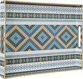 Rectangular Decorative Tray, Plastic Serving Tray with Handles, Bohemian Blue Tray for Ottoman, Coffee Table Tray for Living Room, Home Decor, 15.8" x 11.8" x 1.6"