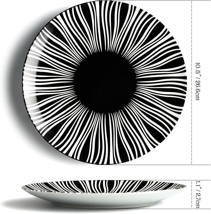 Black and White Striped Ceramic Plates Set of 6-10 Inch Zebra Pattern Dinner Plates Set, Minimalist Porcelain Dish Set, Microwave, Oven & Dishwasher Safe