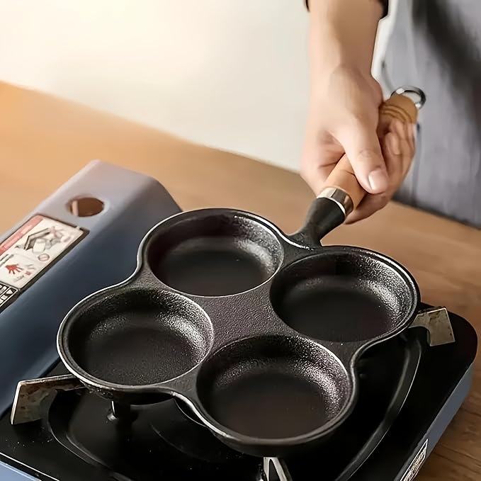 Cast Iron 4-Cup Egg Pan, Small Omelette Pan with Turner & Oil Brush, Breakfast Pan for Eggs Pancakes Sandwiches Burgers, Suitable for Gas Stove & Induction, Naturally Nonstick with Seasoning, 6.6inch