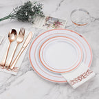 BESTVIP 350PCS Rose Gold Disposable Dinnerware Set for 50 Guests, Plastic Plates for Party, Wedding, Christmas, Include: 100 Plastic Plates, 50 Silver Silverware, 50 Cups, 50 Napkins