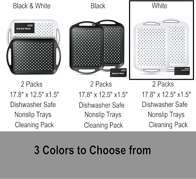 Large Anti-Slip Serving Tray with Handles, Dual Rubber Grippy Lap Food Trays for Eating, Dinning, Breakfast, on Couch/TV, White - Set of 2
