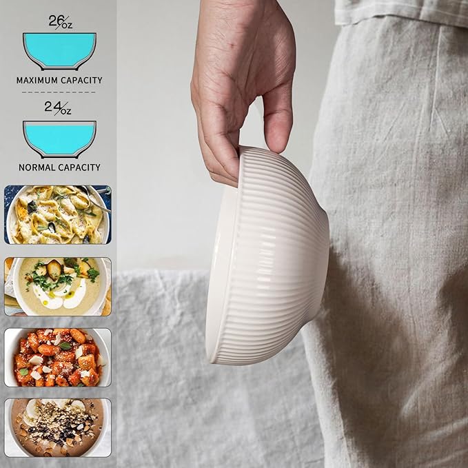 Artena Ceramic Cereal Bowls 26 oz, Embossment Soup Bowls Set of 4, White Salad Bowl for Kitchen, Dinner, Breakfast, Oatmeal, Rice, Pasta, Dishwasher Microwave Safe Bowls (Stripes) (Pack of 2)
