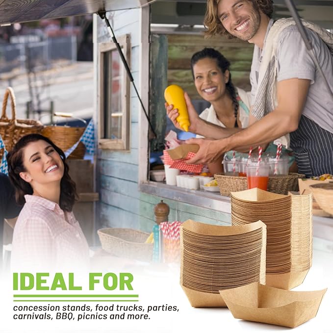 ZORRITA 3 Lb Paper Food Trays - 100 Pack Disposable Nacho Trays, Kraft Paper Food Boats Taco Holders Party Serving Baskets for Hot Dogs Snacks Tacos Fries