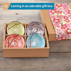 Ceramic Rice Bowls 10 oz, Sakura Bowl Gift Set, Assorted Color Dinnerware Serving Bowls for Rice, Cereal, Noodle, Soup, Desserts, Pack of 4 (Cherry Blossom)