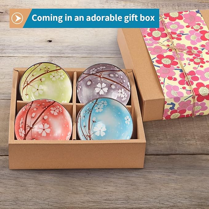 Ceramic Rice Bowls 10 oz, Sakura Bowl Gift Set, Assorted Color Dinnerware Serving Bowls for Rice, Cereal, Noodle, Soup, Desserts, Pack of 4 (Cherry Blossom)