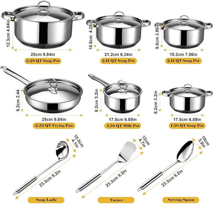 Stainless Steel Cookware Set - 15 Piece Stainless Steel Pots and Pans Set, Includes 6 Pots and Pans, 6 Lids and 3 Utensils, Fixed Handles, Induction Safe and Dishwasher Safe