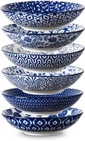 Selamica Ceramic 30oz Large Pasta Salad Bowls 8 Inch Wide and Shallow Soup Bowls, Stackable, Microwave and Oven Safe, Set Of 6, Vintage Blue