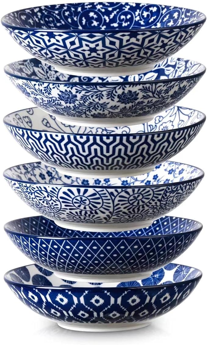 Selamica Ceramic 30oz Large Pasta Salad Bowls 8 Inch Wide and Shallow Soup Bowls, Stackable, Microwave and Oven Safe, Set Of 6, Vintage Blue