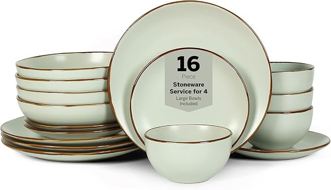 Stone Lain Brasa Stoneware 16 Piece Modern Dinnerware Set, Plates and Bowls, Service for 4, Light Green, Microwave & Dishwasher Safe