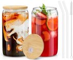 sungwoo 2PCS Glass Cups with Bamboo Lids and Straws, 16OZ Ice Coffee Cup, Drinking Cup set with Wooden Lids, Home Essential Glass Tumblers for Beer, Cocktail, Tea and Latte Clear