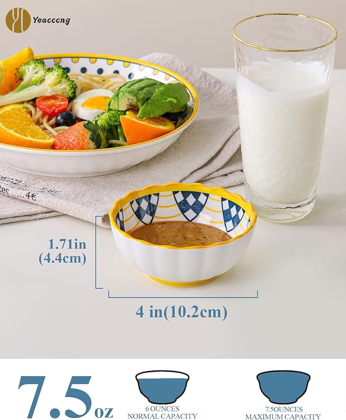 Yeacccng Bohemian Small Bowls Set of 6, 4 Inch Indented Grooved Ceramic Sauce Dishes, 7.5 Oz, Lead-Free, Scratch-Resistant, Oven/Microwave Safe, Ideal for Serving Sushi, Appetisers, Desserts, Ketchup