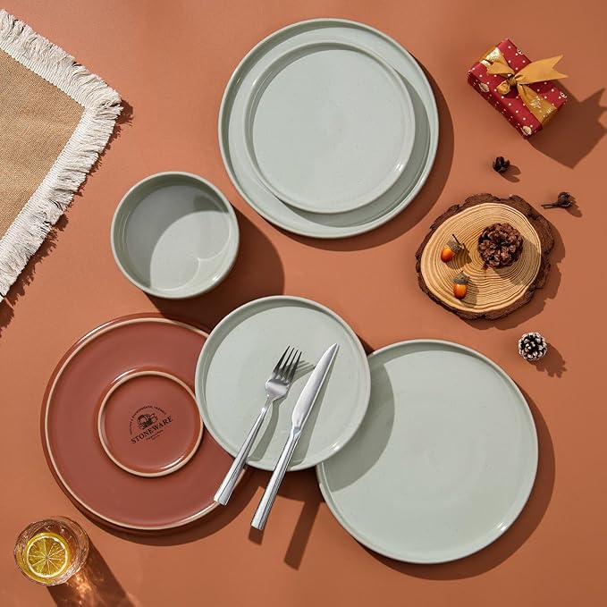 LIANYU 18 Pieces Porcelain Dinnerware Sets, Premium Plates and Bowls Set, High-Fired Ceramic Dishes Set for 6, Chip & Scratch Resistant, Microwave Dishwasher Safe, Laurel Green