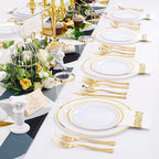 350 Pieces White and Gold Plastic Plates - 50 Guest Dinnerware Set Include 100 Plates, 50 Gold Plastic Silverware, 50 Paper Napkins and 50 Cups for Wedding/Baby Shower/Spring/Birthday/Mother's Day