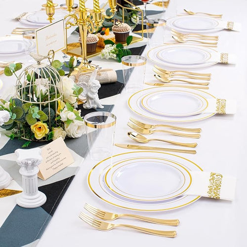 350 Pieces White and Gold Plastic Plates - 50 Guest Dinnerware Set Include 100 Plates, 50 Gold Plastic Silverware, 50 Paper Napkins and 50 Cups for Wedding/Baby Shower/Spring/Birthday/Mother's Day