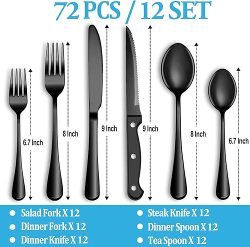 72 Pcs Black Silverware Set with Steak Knives, Stainless Steel Flatware Cutlery Set Service for 12, Kitchen Tableware Set, Utensil Set for Home and Restaurant, Knives Forks Spoon Set, Dishwasher Safe