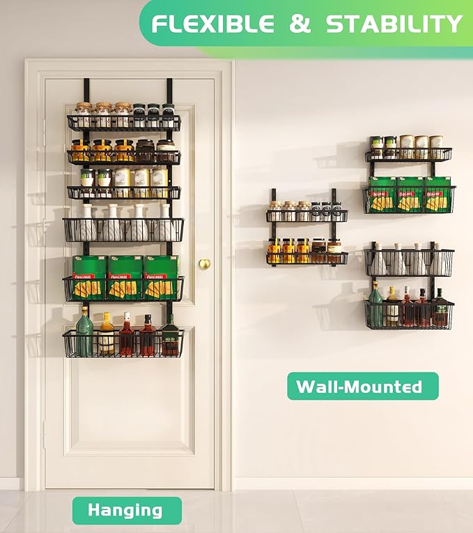 Over The Door Pantry Organizer, Pantry Organization and Storage, 6-Tier Deep Baskets Hanging Heavy-Duty Metal, Wall Spice Rack Seasoning Shelves for Home & Kitchen, Laundry Room Bathroom, Black