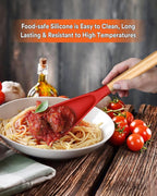 Cooking Spoon for Nonstick Cookwares, Great for Cooking and Serving Sturdy BPA-Free Matte Silicone, Wood Handle Spoon for Mixing, Scoop, and Scrape (Black & Red, 13.4 inch)