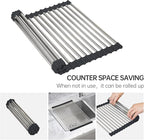 CHIRISEN Expandable Large Roll Up Dish Drying Rack, Foldable Over The Sink Dish Drying Rack, Rolling Dish Drainer Stainless Steel Roll Rack for Kitchen Sink Counter (Black, 21.25x12.79)