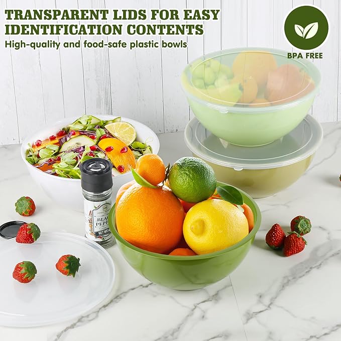 Greentainer 4-Piece Plastic Mixing Bowl Set with Lids for Kitchen, 67oz Lightweight Storage Bowls, Large Salad Bowls for Baking, Prepping, Cooking and Serving Food, Dishwasher & Microwave Safe