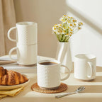Sweese Stackable Coffee Mugs Set of 4, 10 oz Porcelain Coffee Cups with Embossed Design, White Cappuccino Cups, Stackable Mugs with Handle for Coffee, Latte, Tea