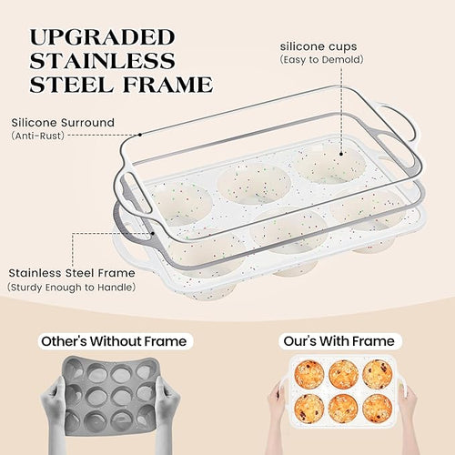 2 Pcs Jumbo Muffin Pan with Metal Frame, Nonstick 6 Cup Extra Large Cupcake Pan for Baking, Silicone Deep Muffin Tray for Egg Bites (Cream)