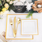 Festiva 350Pcs Gold Plastic Plates - Disposable Square Gold Plates Dinnerware set include 9.5"/6" Plates,Cups,Plastic Cutlery,Hand Napkins Perfect for 50 guests Party&Birthday&Wedding