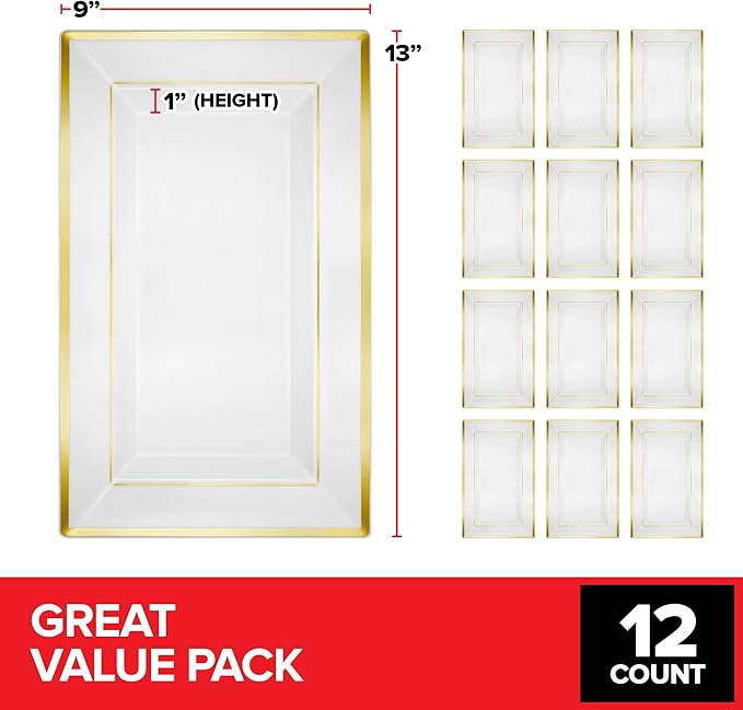 (12 Pcs) Premium White and Gold Plastic Serving Tray, Plastic Serving Platter Disposable, White Rectangle Party Trays and Platters for Fruit, Dessert, Cookies, Appetizers, Holiday Parties